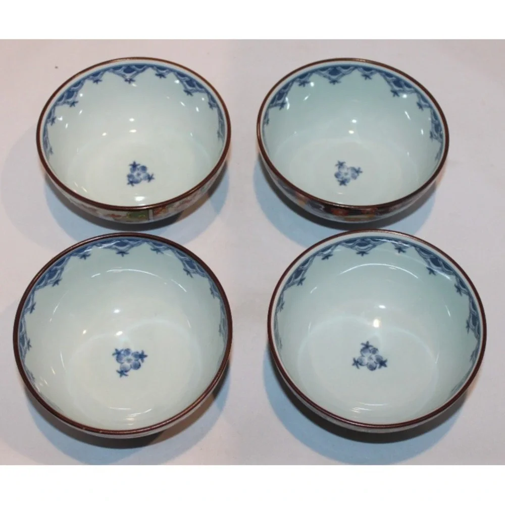 4 Arita Japanese porcelain rice soup bowls footed signed 4 different designs set